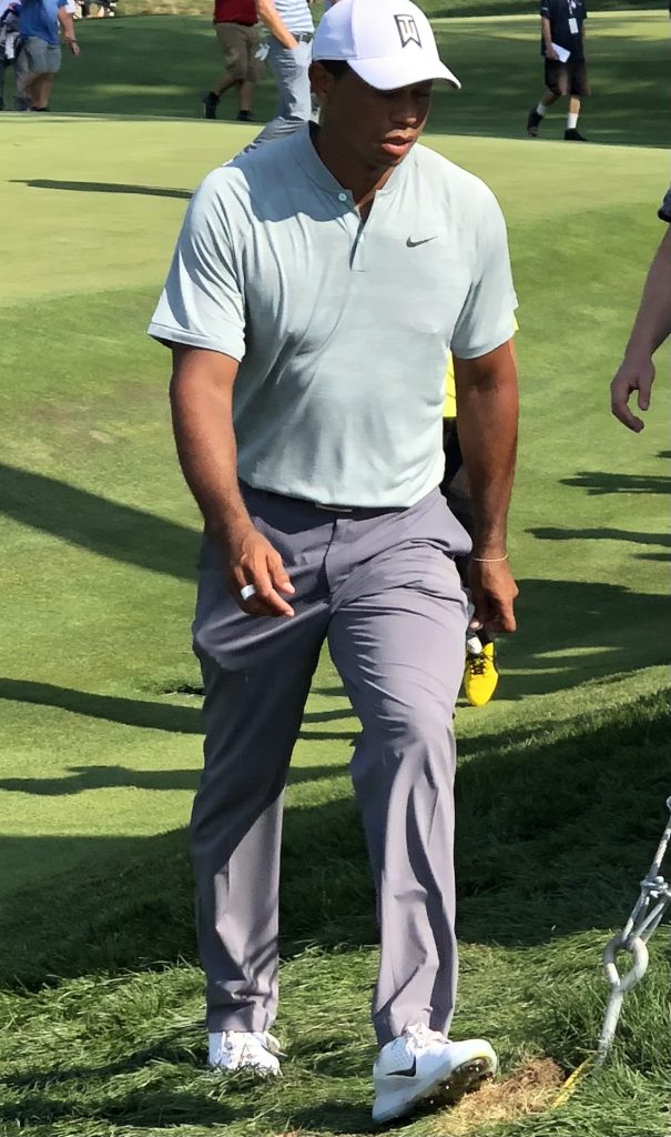 Golfer in a light blue polo and gray pants stepping on a grassy golf course, wearing a white cap and white Nike shoes.