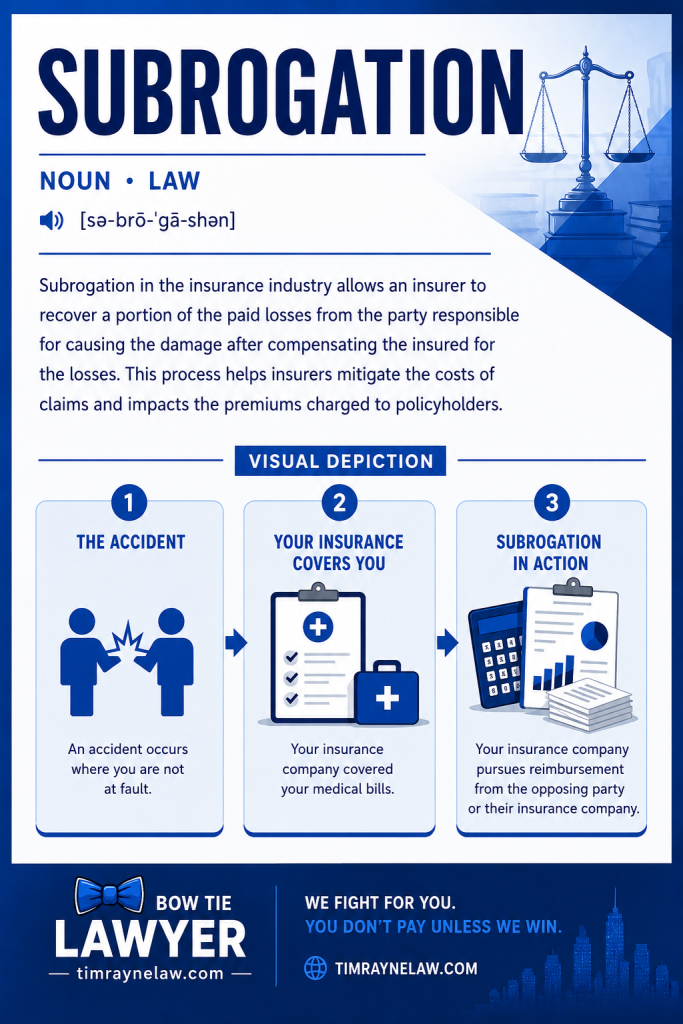 Infographic defining subrogation in law and outlining a 3-step process: The Accident, Your Insurance Covers You, Subrogation in Action, with visuals of scales and documents.