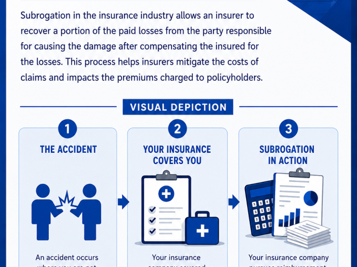Infographic defining subrogation in law and outlining a 3-step process: The Accident, Your Insurance Covers You, Subrogation in Action, with visuals of scales and documents.